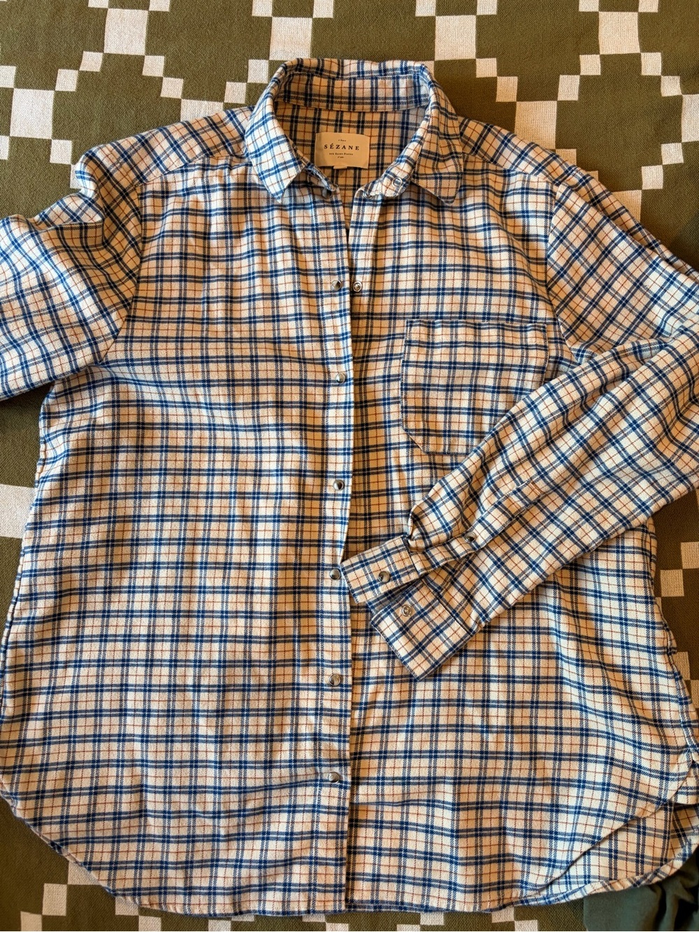 Sézane Blue and Cream Plaid Button-Up Shirt